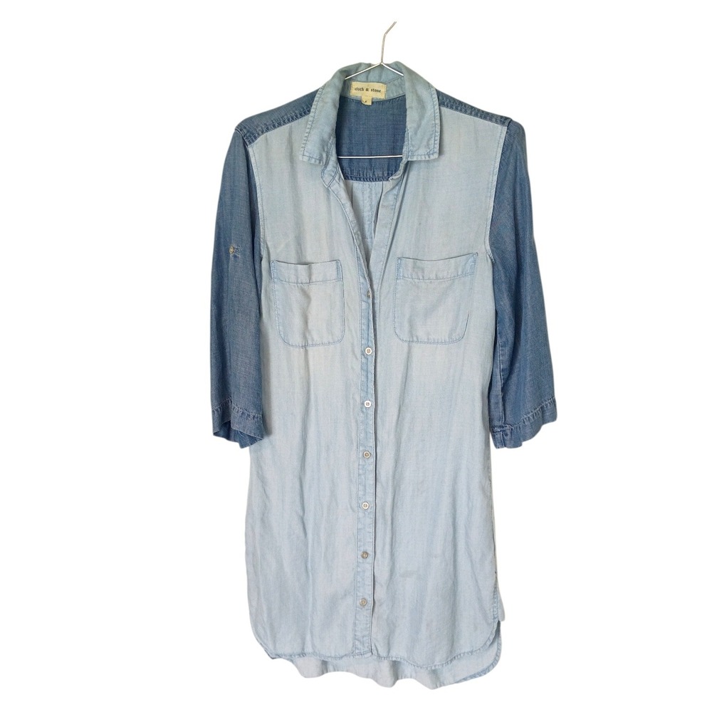 Cloth & Stone Womens Two Tone Chambray Shirt Dress Blue 3/4 Roll Tab Sleeve S